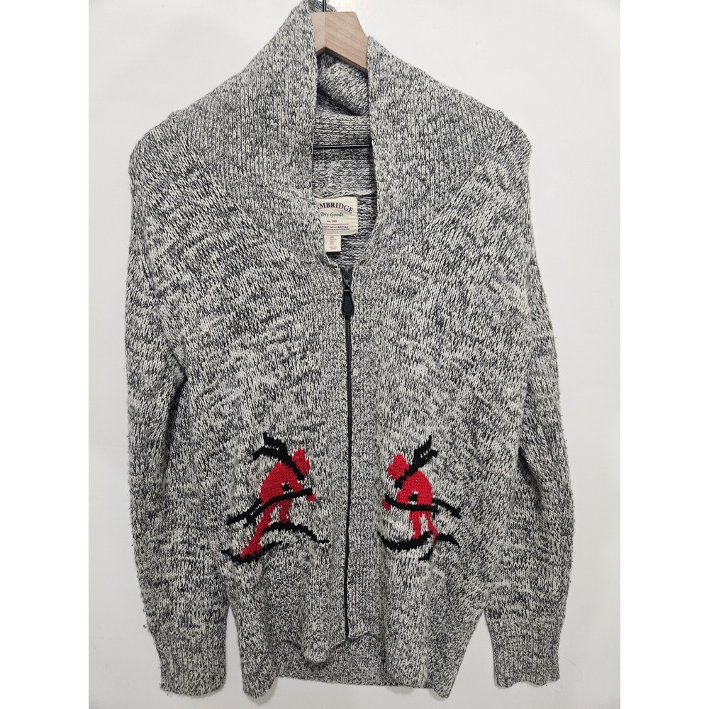 Cambridge Dry Goods Skier Intarsia Full Zip Cardigan Sweater Grey Wool Blend L